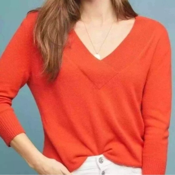 Anthropologie 100% Cashmere V-Neck Knit‎ Sweater Size Small Orange Bohemian Boho - Picture 3 of 14